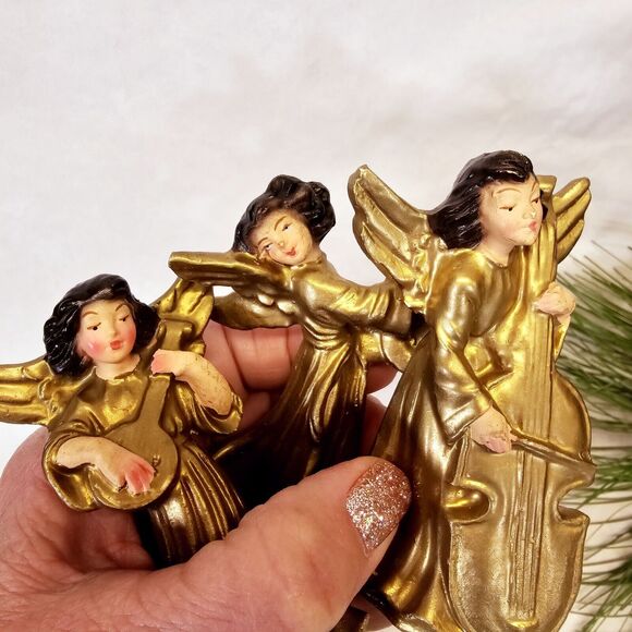 3- MCM Vintage Gold Hand Painted Woolworths Christmas Musical Angel Ornaments - Picture 6 of 7